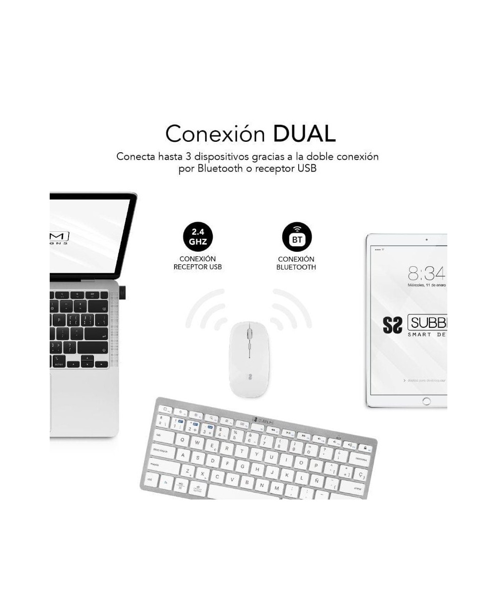 Teclado y Ratón Inalámbrico Subblim OCO010 Combo Multidispositivo Compacto/ Plata