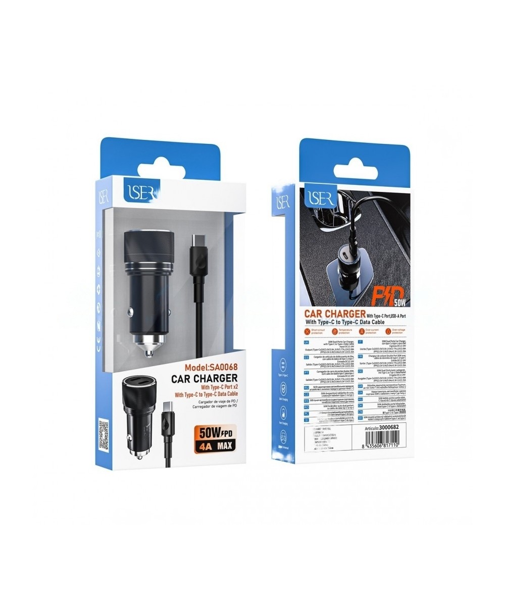 Cargador Coche USB Doble USB-C Carga Rapida SA0068 50W Negro