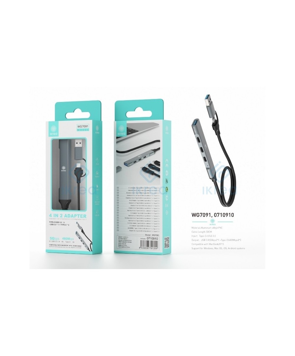 Adaptador 4 en 2 USB-C/USB 3.0, Gris - IKREA WG7091