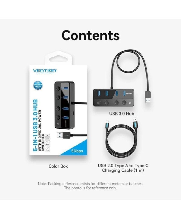 Hub USB 3.0 Vention CHWBF 4xUSB/ 1xUSB Tipo-C PD Incluye cable Carga USB Macho - USB Tipo-C Macho