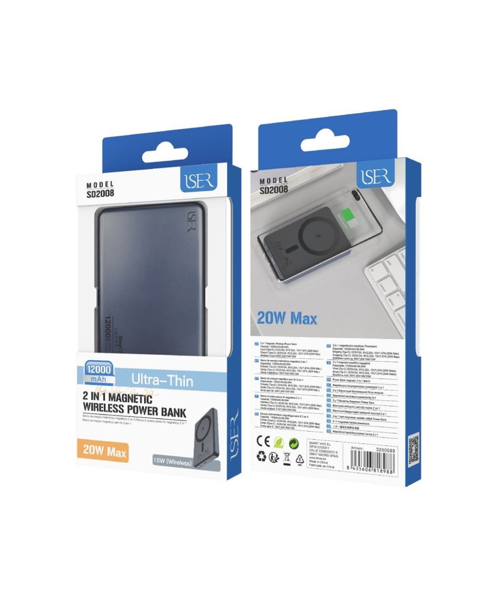 Batería Portátil Ultra Delgada Magnética 2 en 1 15W 12000mAh Gris