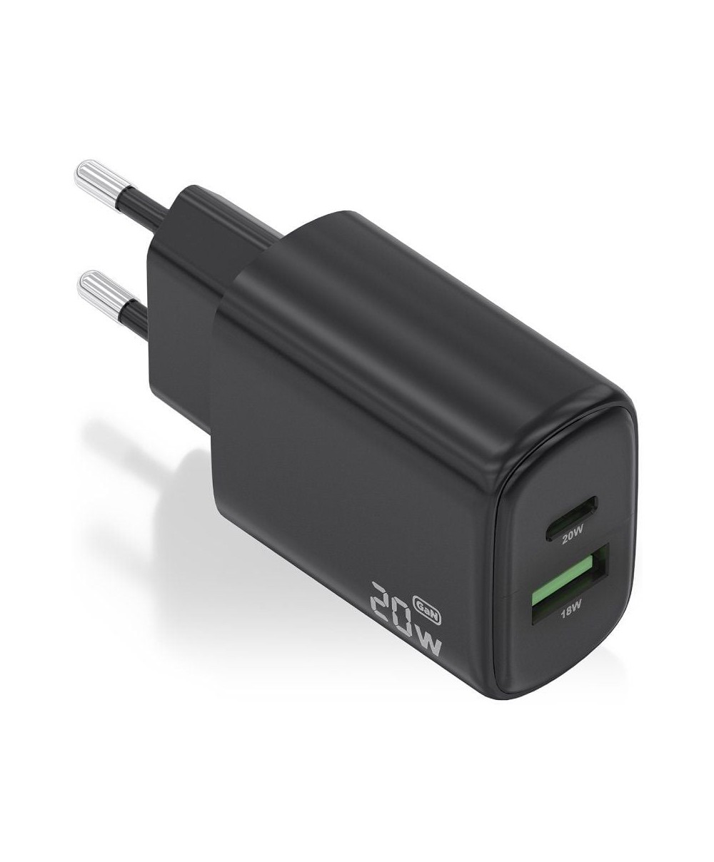 Cargador de Pared GaN Aisens A110-0910/ 1xUSB Tipo-C/ 1xUSB/ 20W/ Negro