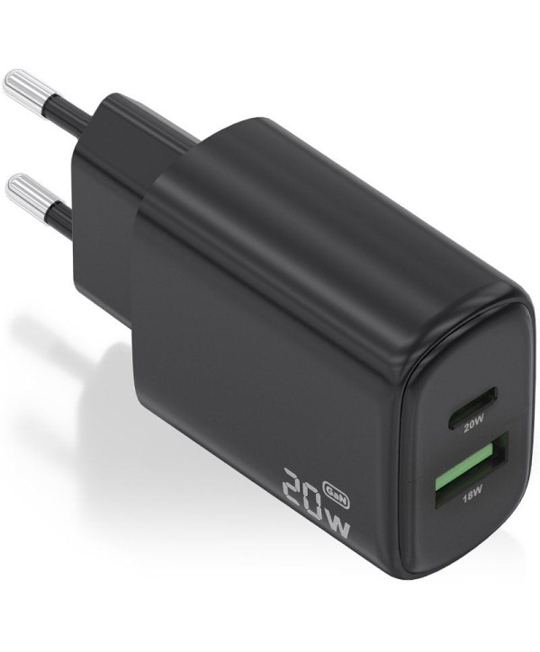 Cargador de Pared GaN Aisens A110-0910/ 1xUSB Tipo-C/ 1xUSB/ 20W/ Negro