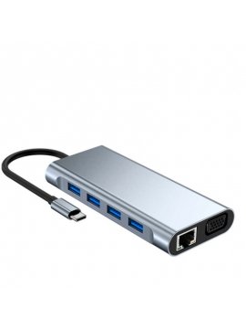 Adaptador Concentrador de red USB tipo C 11 en 1 HDMI, VGA, RJ45, Lan, Ethernet, SD
