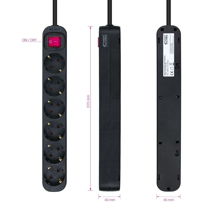 Regleta con Interruptor Nanocable 6 Tomas de Corriente Negro