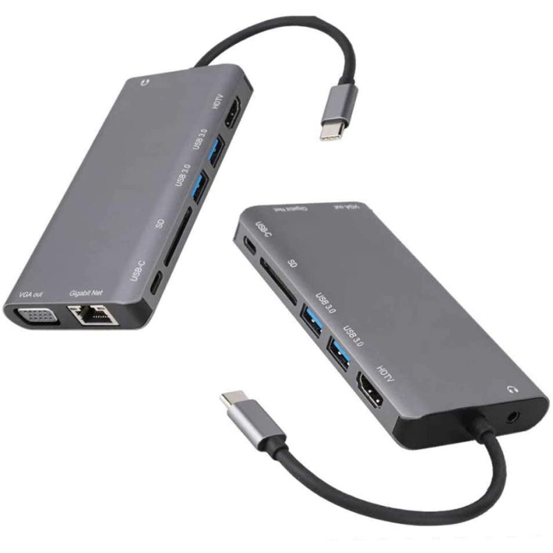 Adaptador USB-C a  HDMI VGA 2xUSB 3,0 Gigabyte Lan PD Lector de Tarjetas Audio